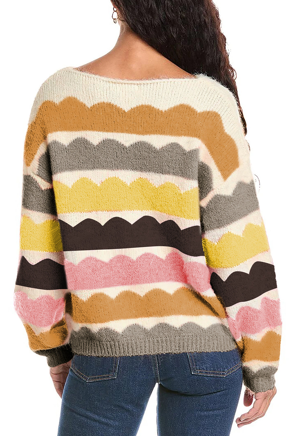 Wave Striped Balloon Sleeve Sweater