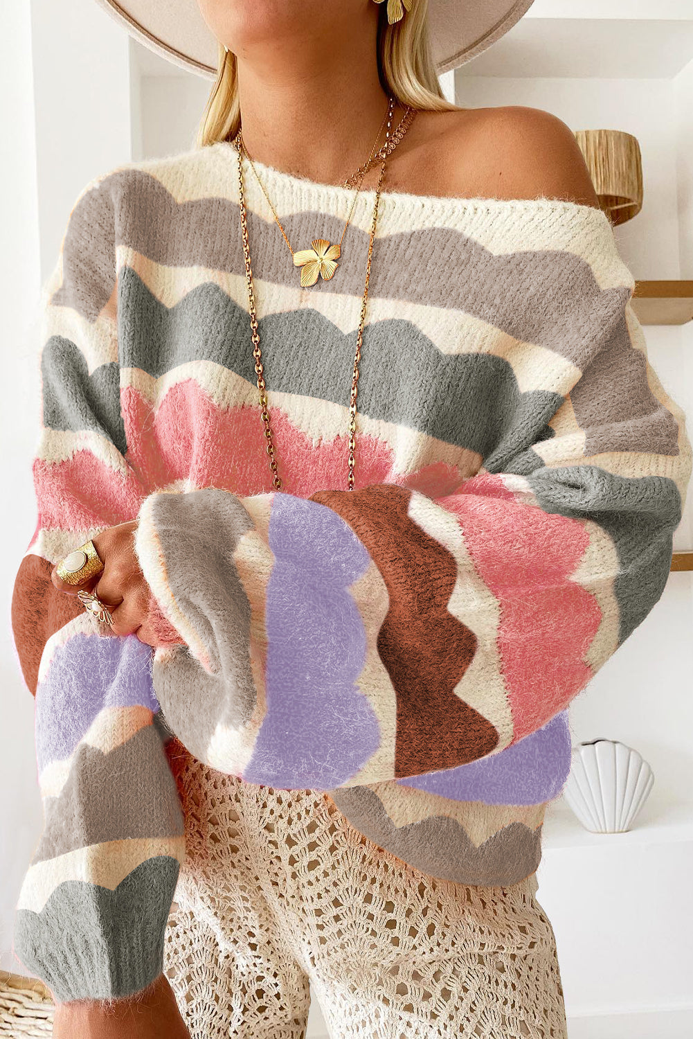 Wave Striped Balloon Sleeve Sweater