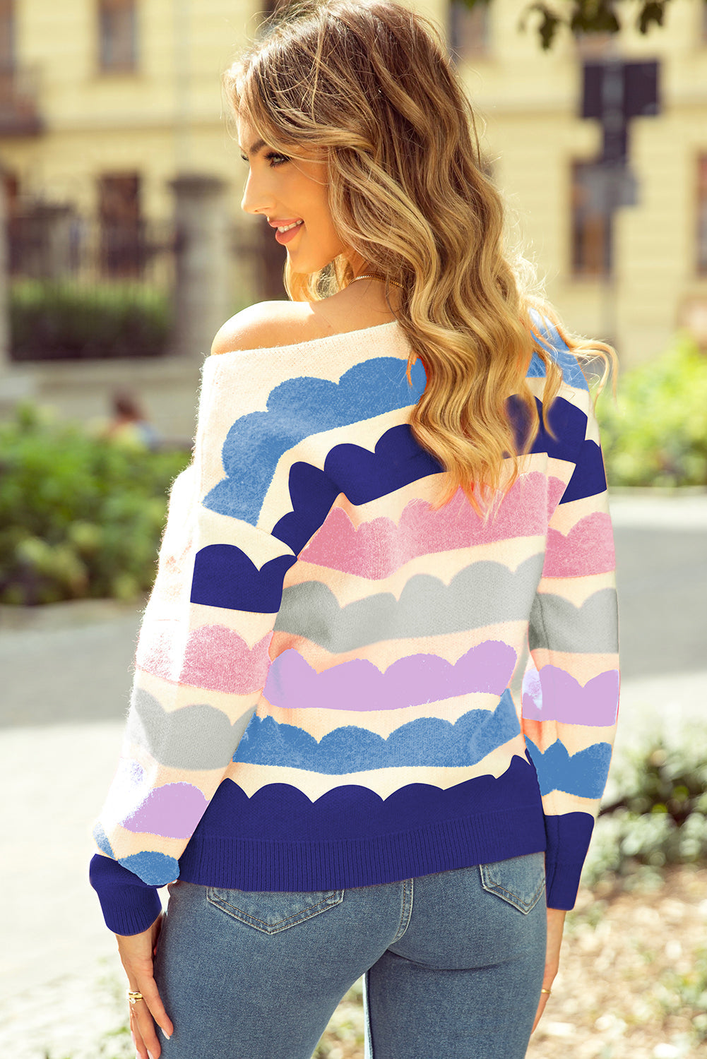 Wave Striped Balloon Sleeve Sweater