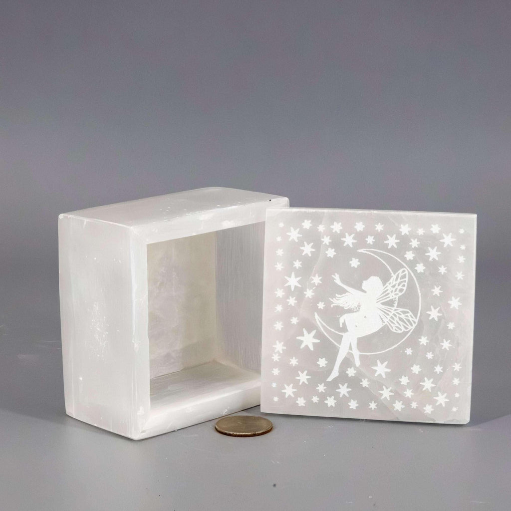 Selenite Crystal Carved Forest Fairy Jewelry Keepsake Box
