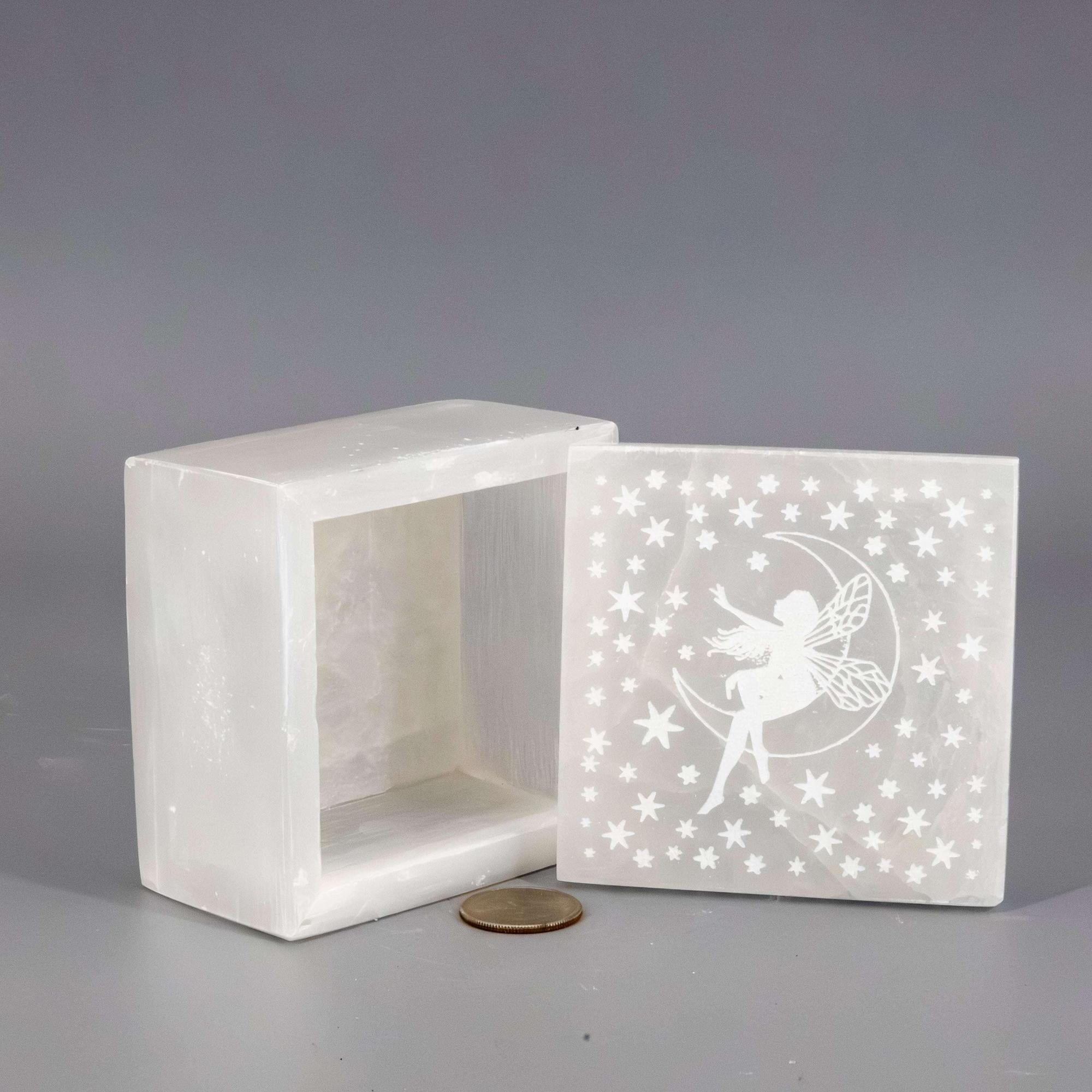 Selenite Crystal Carved Forest Fairy Jewelry Keepsake Box
