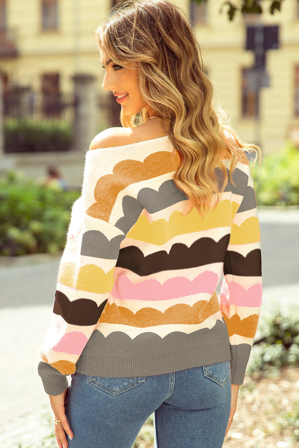 Wave Striped Balloon Sleeve Sweater