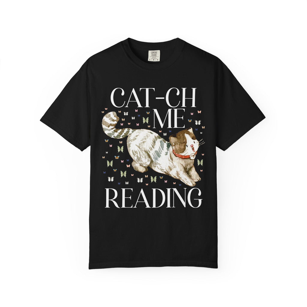 Bookish Cat Tee Shirt with Funny Saying: Cat-ch Me Reading