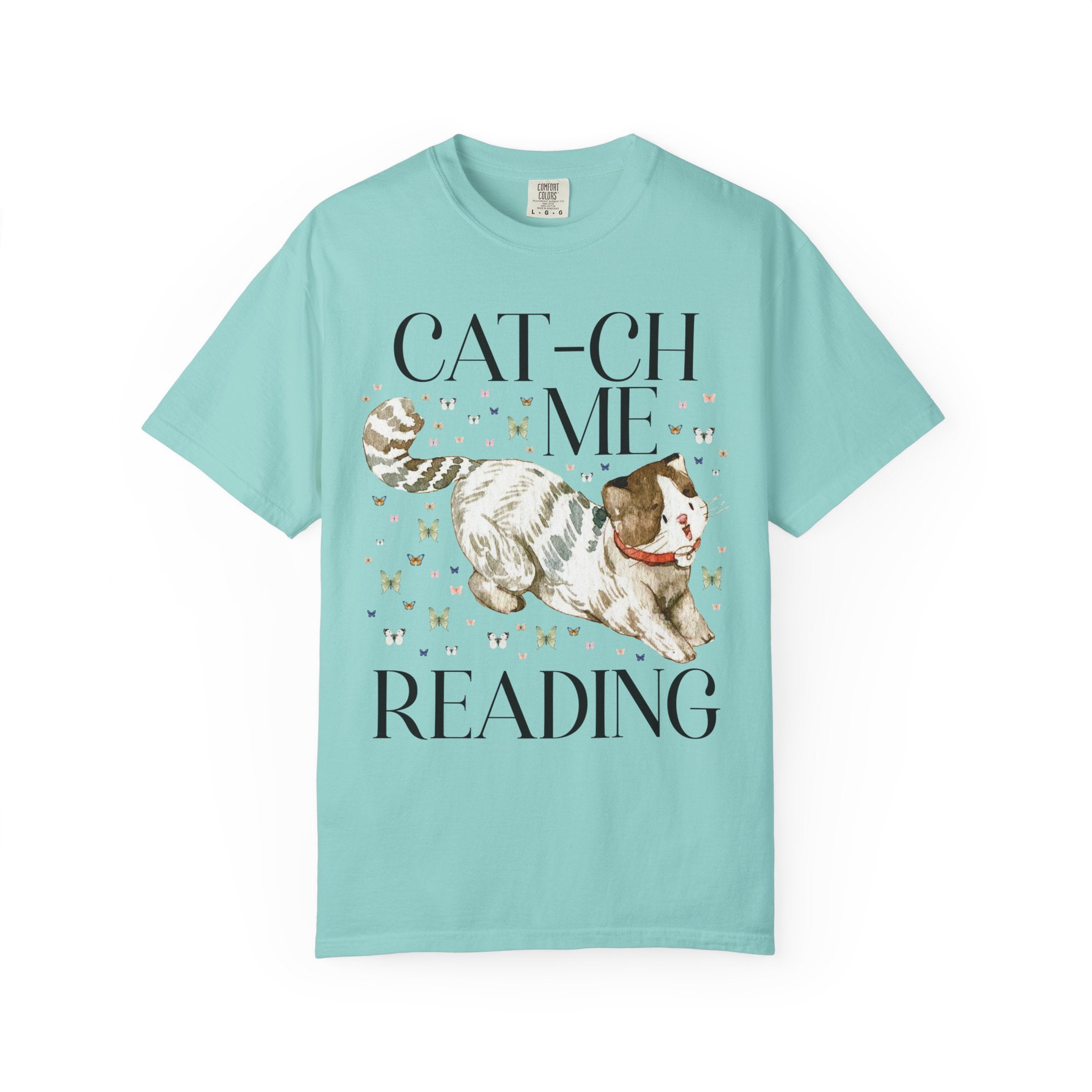 Bookish Cat Tee Shirt with Funny Saying: Cat-ch Me Reading