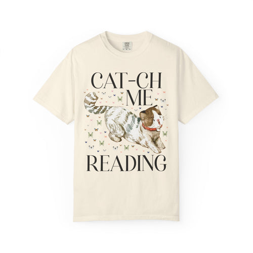 Bookish Cat Tee Shirt with Funny Saying: Cat-ch Me Reading