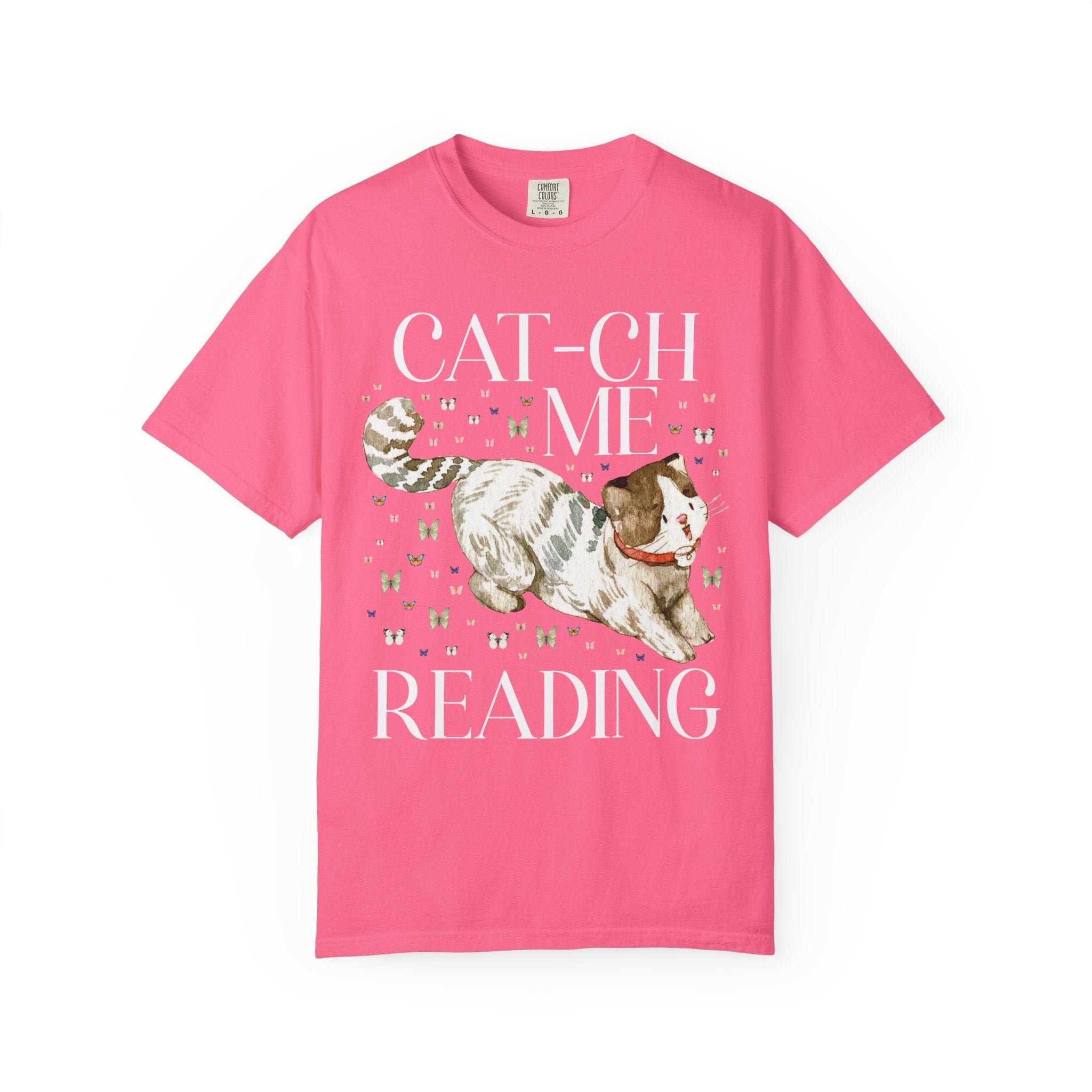 Bookish Cat Tee Shirt with Funny Saying: Cat-ch Me Reading