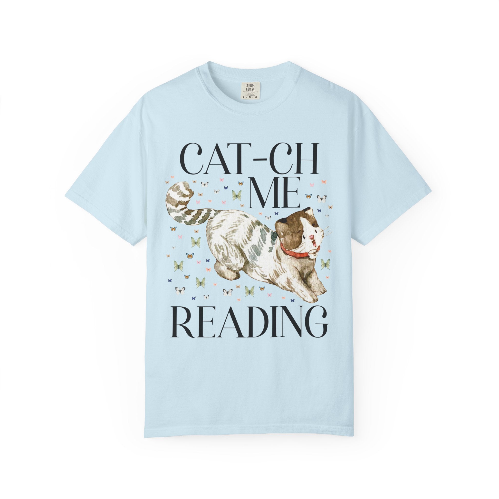 Bookish Cat Tee Shirt with Funny Saying: Cat-ch Me Reading