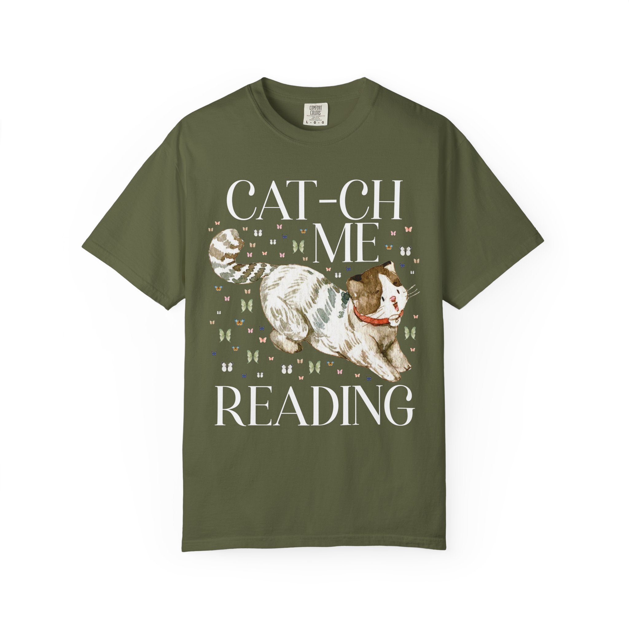 Bookish Cat Tee Shirt with Funny Saying: Cat-ch Me Reading