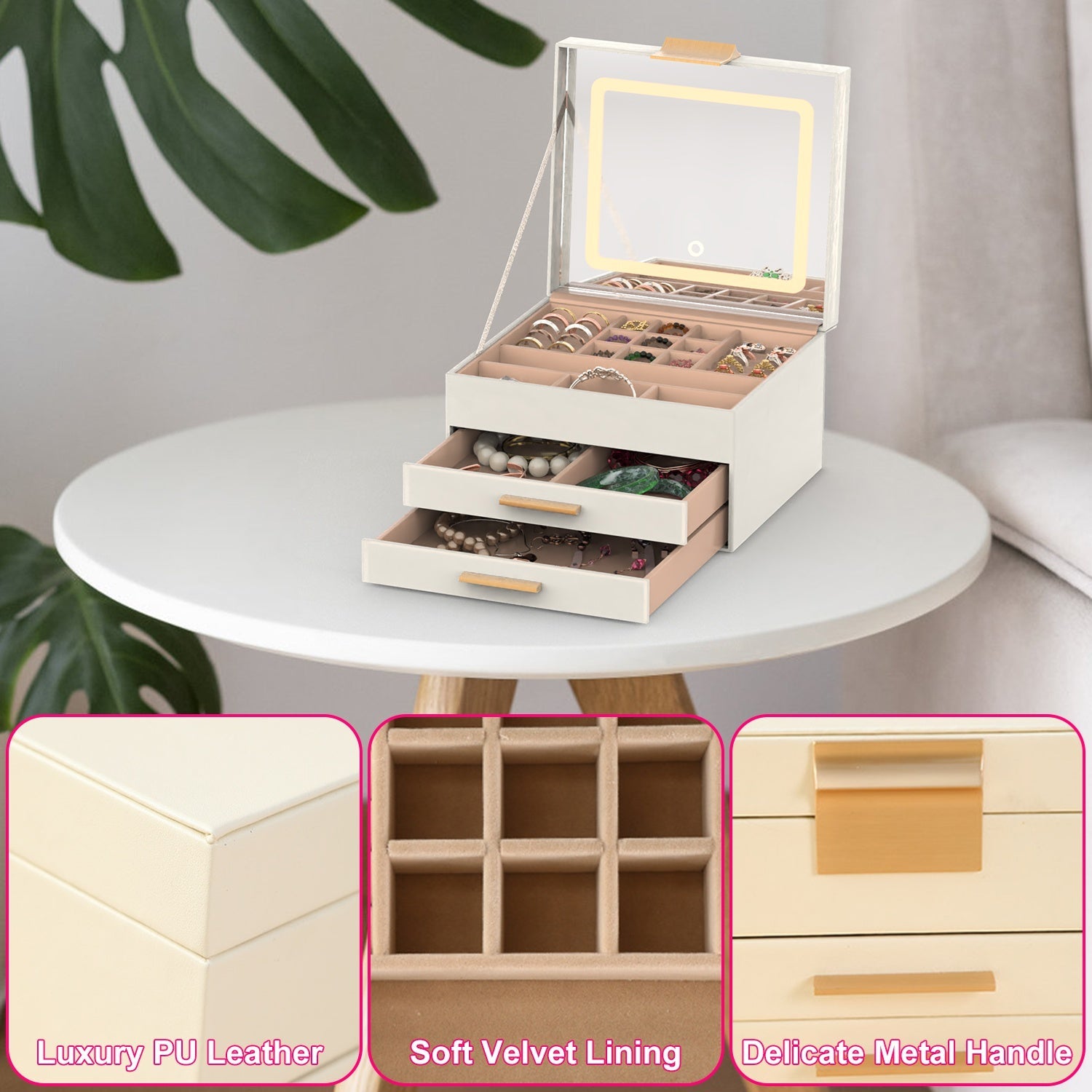 LED Mirror Jewelry Box with 2 Drawers