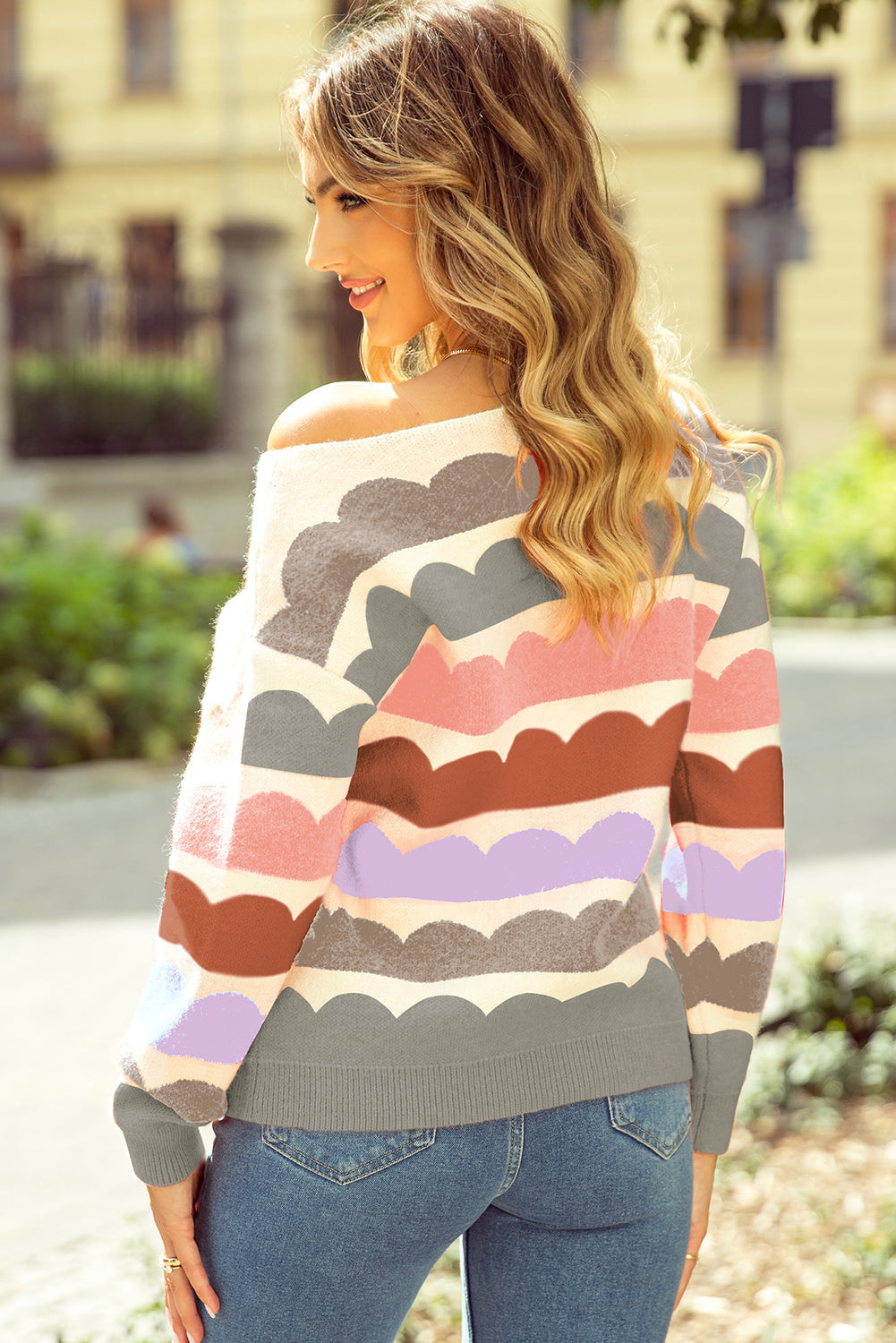Wave Striped Balloon Sleeve Sweater