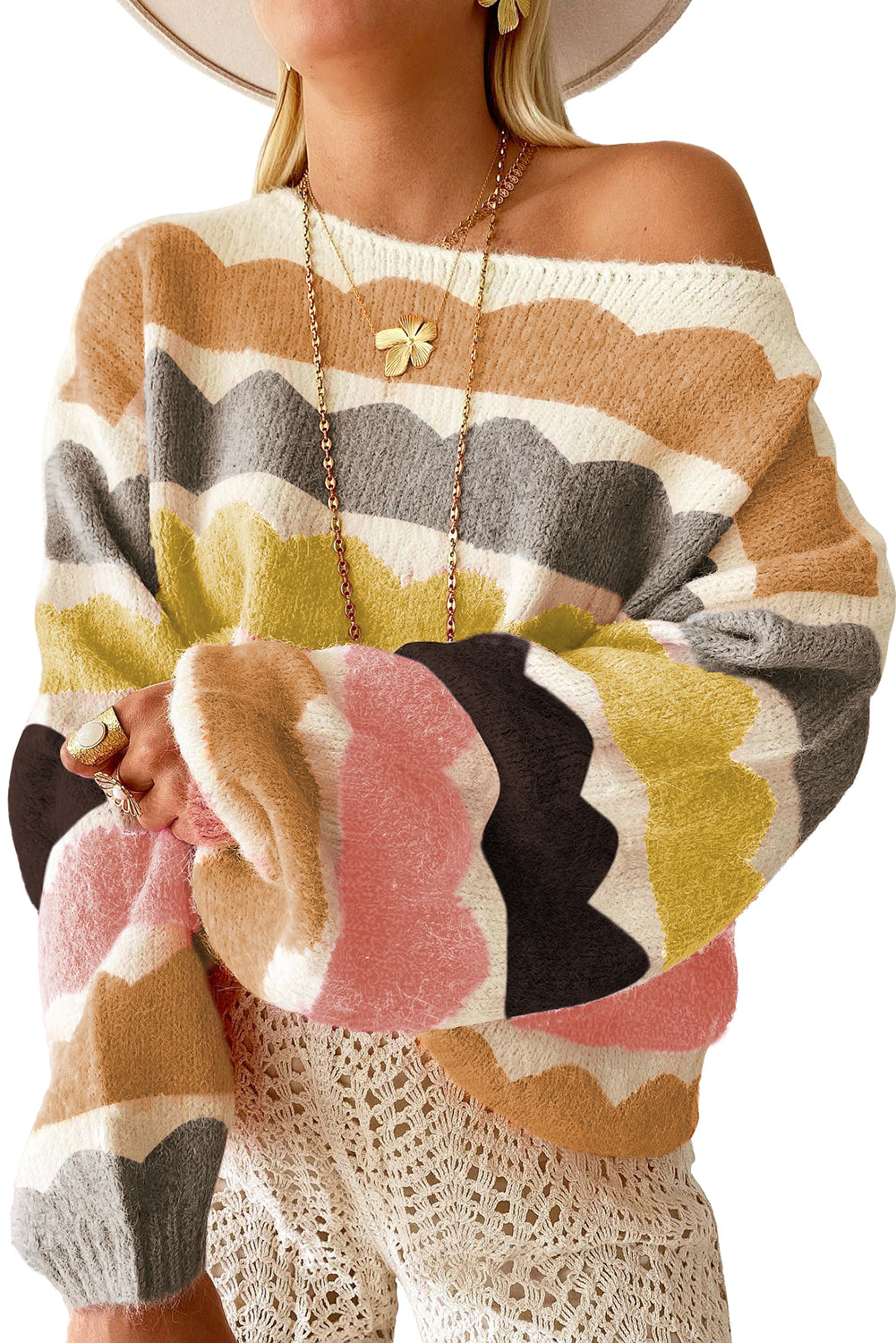 Wave Striped Balloon Sleeve Sweater