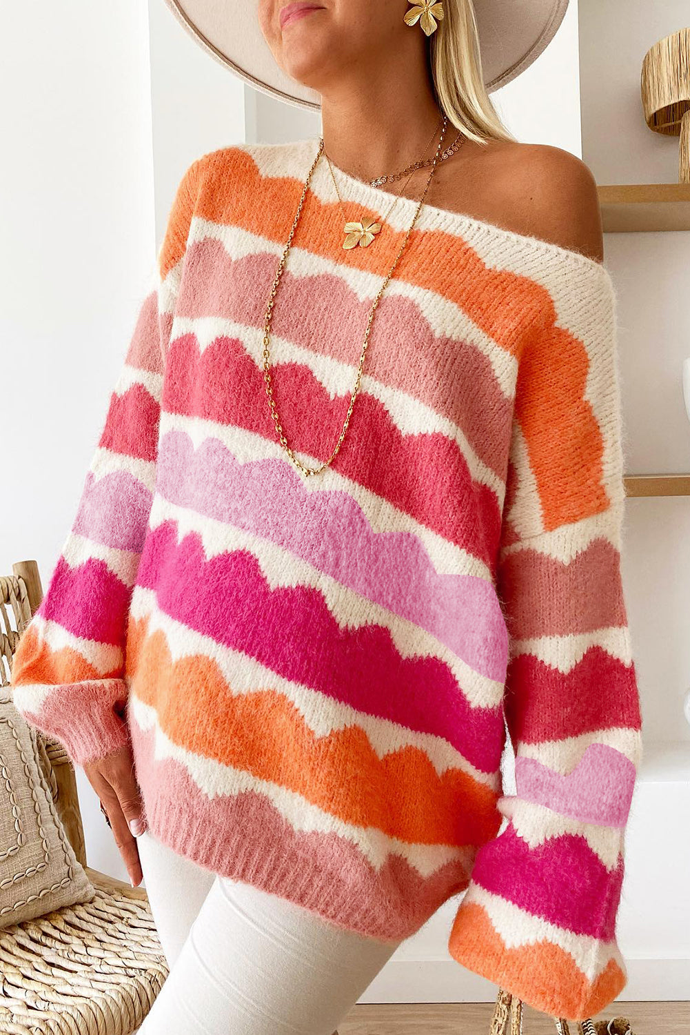 Wave Striped Balloon Sleeve Sweater